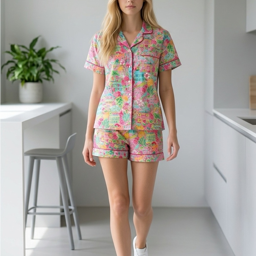 Women's Pink Floral Short Pajama Set - Short Sleeve Button-Up